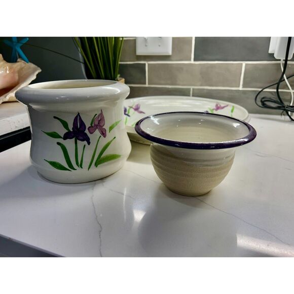 VINTAGE Contemporary Pottery Dip Chiller/Warmer Irises 3 pcs With XL Chip Tray - Picture 3 of 12